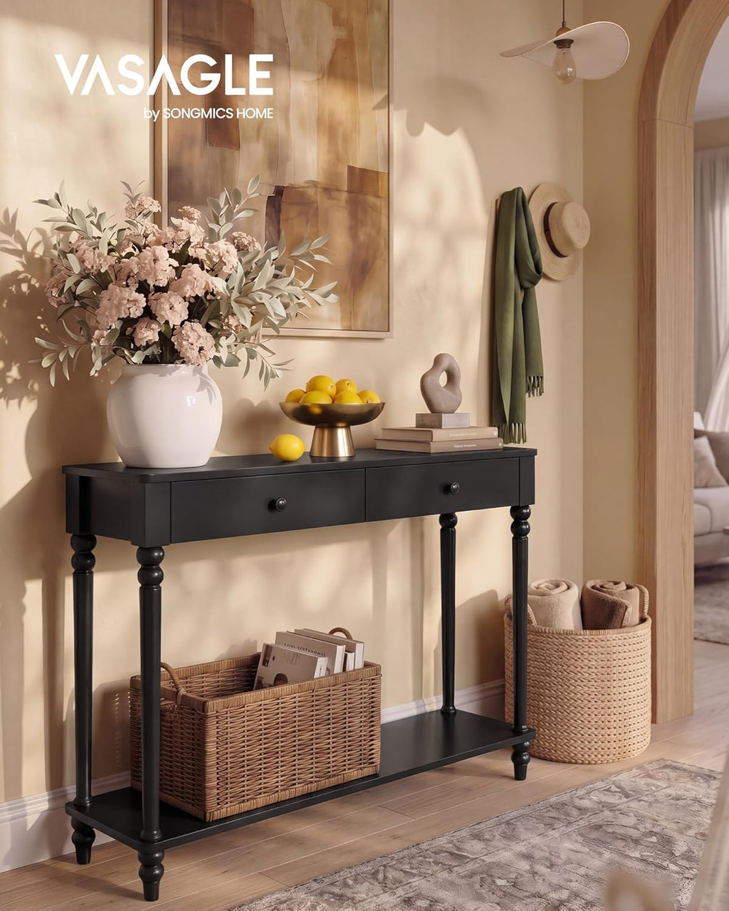 VASAGLE Mariel Collection - Console Table, Narrow Entryway Sofa Table with Drawers and Shelf, Solid Wood Legs, Mid-Century Modern, for Hallway Doorway Living Room, Ink Black ULNT139B101S
