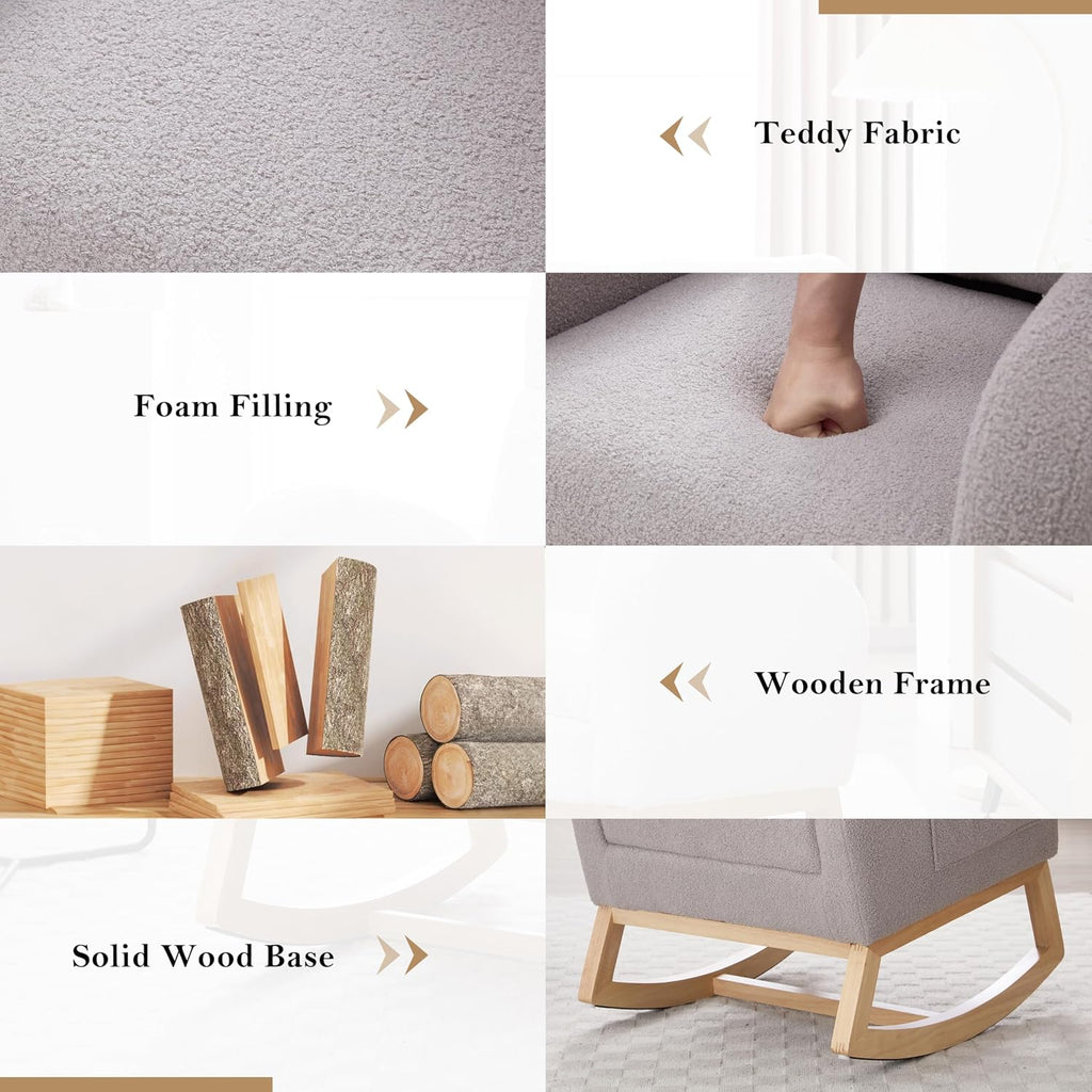 Adulto Wooden Rocking Chair Indoor Outdoor, Teddy Fabric Nursery Rocki,A8 | Features 15° gentle rocking motion, adjustable footstool, thickened headrest, side storage pocket, and solid wood base w
