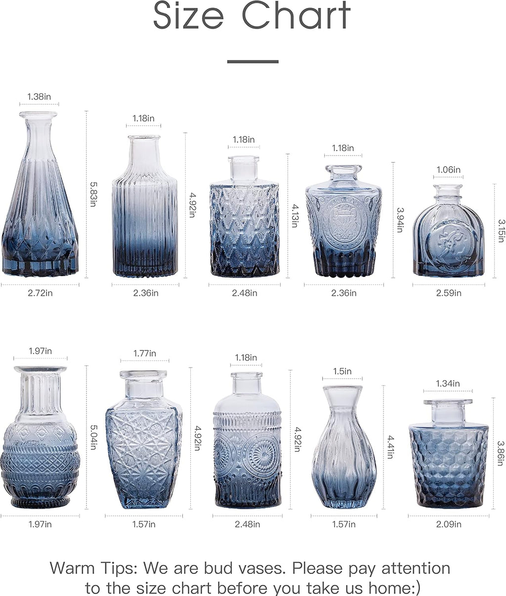 Blue Glass Bud Vase Set of 10 - Small Vases for Flowers, Bud Vases in Bulk, Cute Glass Vases for Centerpieces, Mini Vintage Vase for Wedding Decorations, Table Flower Decor …