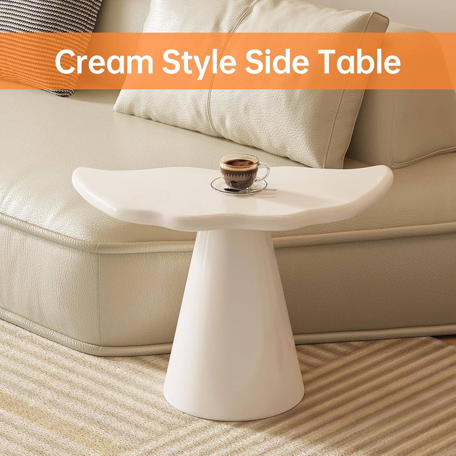 Cloud Shape End Table, Modern Accent Cocktail Table for Small Space Living Room, Tapered Pedestal Base Side Table, 15.74" Hight, Easy Assemble, Cream White