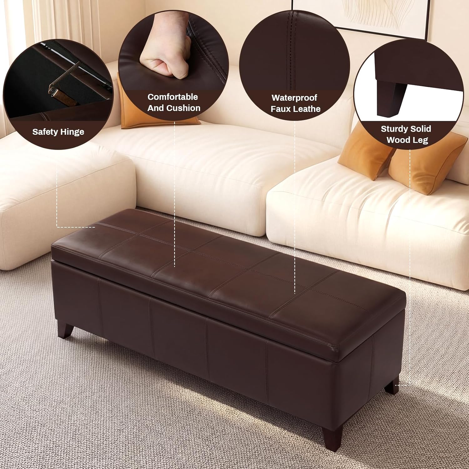 51 Inch Storage Ottoman Bench, Faux Leather Foot Rest with Hinged Lid, Long Rectangle Bed Bench for Living Room, Bedroom, Entryway, Coffee Brown