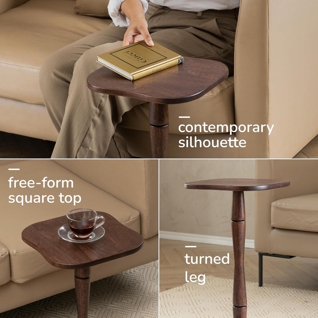 MH London Destiny Drink Table - 22" High Solid Mango Wood Pedestal Side Table - Minimalist Handmade Espresso Accent Table for Small Spaces