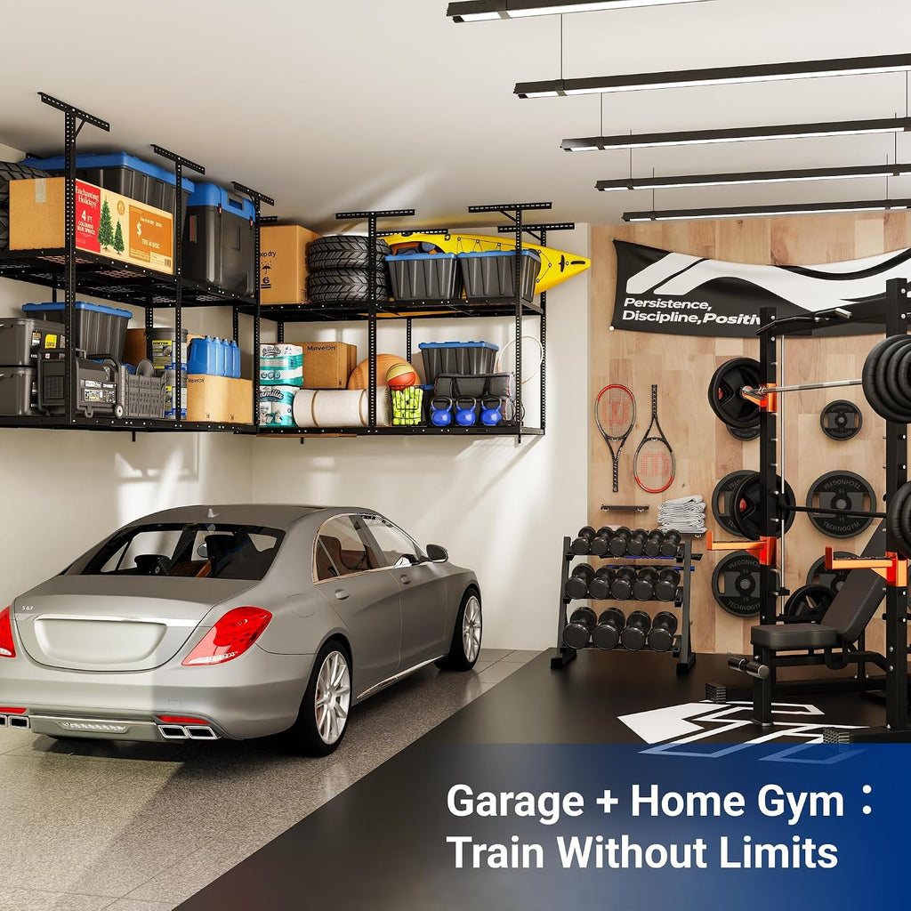 FLEXIMOUNTS 3x8ft 2-Tier Garage Ceiling Storage Rack, Adjustable Overhead Garage Storage System, Heavy Duty Metal Shelving, 1000 lbs Capacity, Ideal for 9–15ft High Ceilings, Black