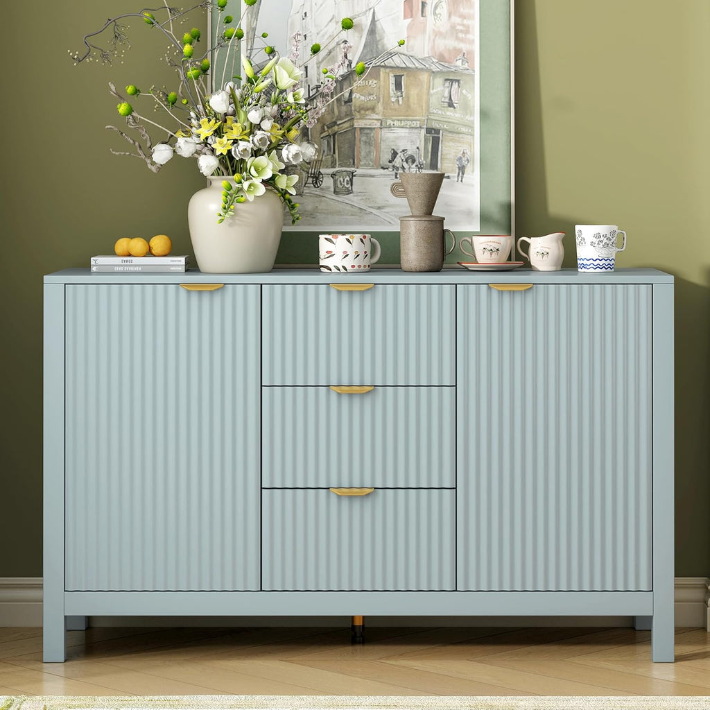 Sideboard with Wave Design - 3 Adjustable Shelves, 3 Drawers & Soft-Close Doors, Storage Console Table with Metal Handles, Suitable for Study, Hallway and Living Room, 3 Colors (Cyan + MDF)