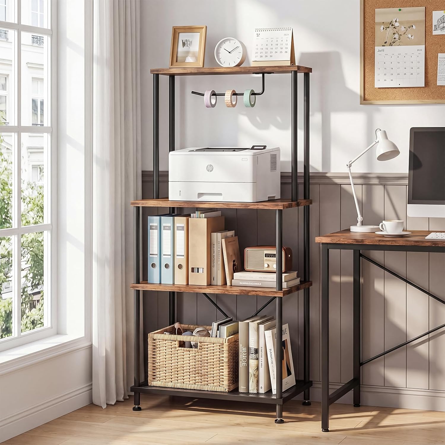 SUPERLELE 4-Tier Bakers Rack, Coffee Bar Table with Paper Holder, Rustic Brown Kitchen Storage Shelf Microwave Stand, Reinforced Industrial Standing Rack for Home Kitchen, 23.6 x 13 x 49.2 Inches