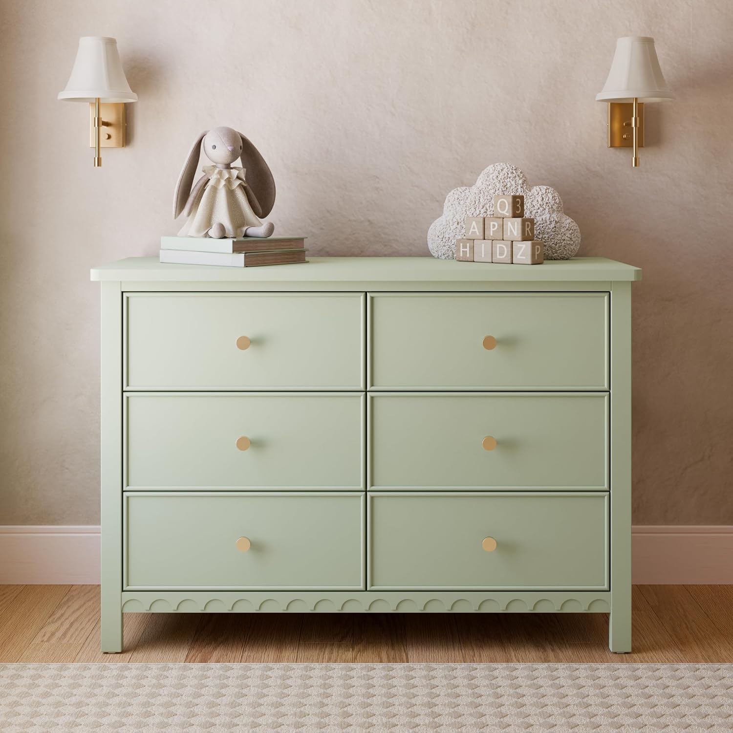 Graco Sasha 6 Drawer Dresser, Sage | GREENGUARD Gold Certified, Removable Bookshelves, Nursery & Kids Bedroom Wood Dresser, Spacious Storage, Interlocking Drawers