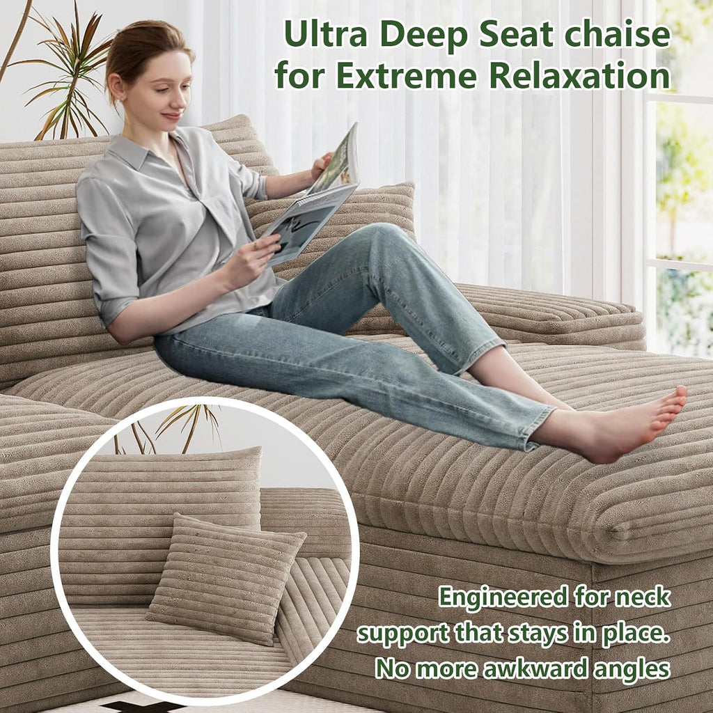107" Cloud Couch Modular Sectional Sofa for Living Room, U-Shape Boneless Couch with Deep Seat, Modern Corduroy 3-Seater with Ottoman, No Assembly Required (Camel,Right-Facing Chaise)