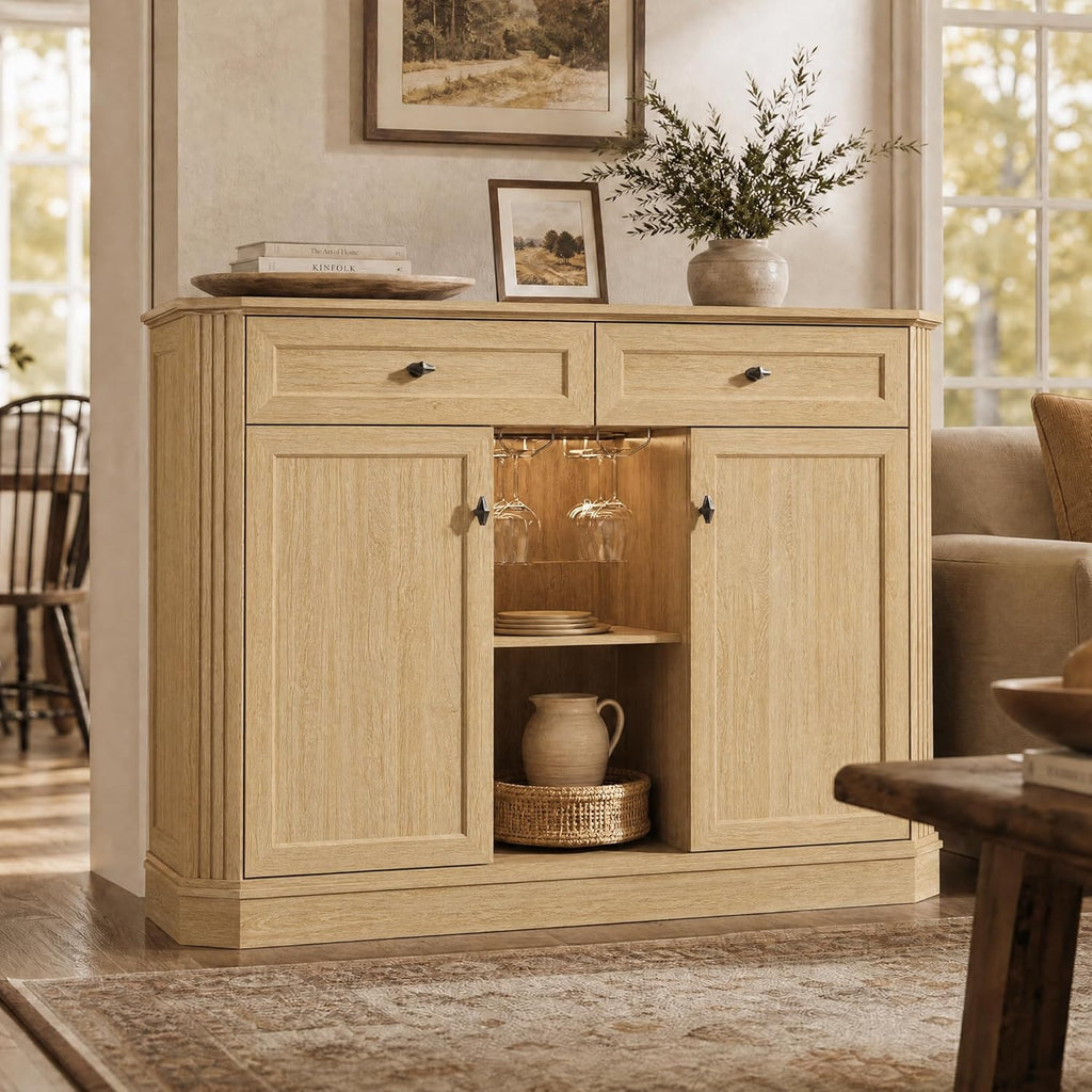 Natural Oak Coffee Bar with 2 Drawers & 2 Doors, LED Wine Bar Cabinet with Wine Glasses, Coffee Station with Built-in Outlets, Buffet Cabinet Sideboard with Extra Storage for Living Room Kitchen