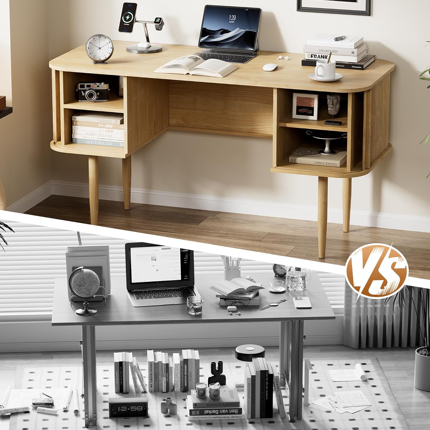 Furniway 55" Modern Writing Desk with Sliding Doors, Wood Home Office Desk with Storage, Computer Desk for Study, Living Room, Dorm, Natural