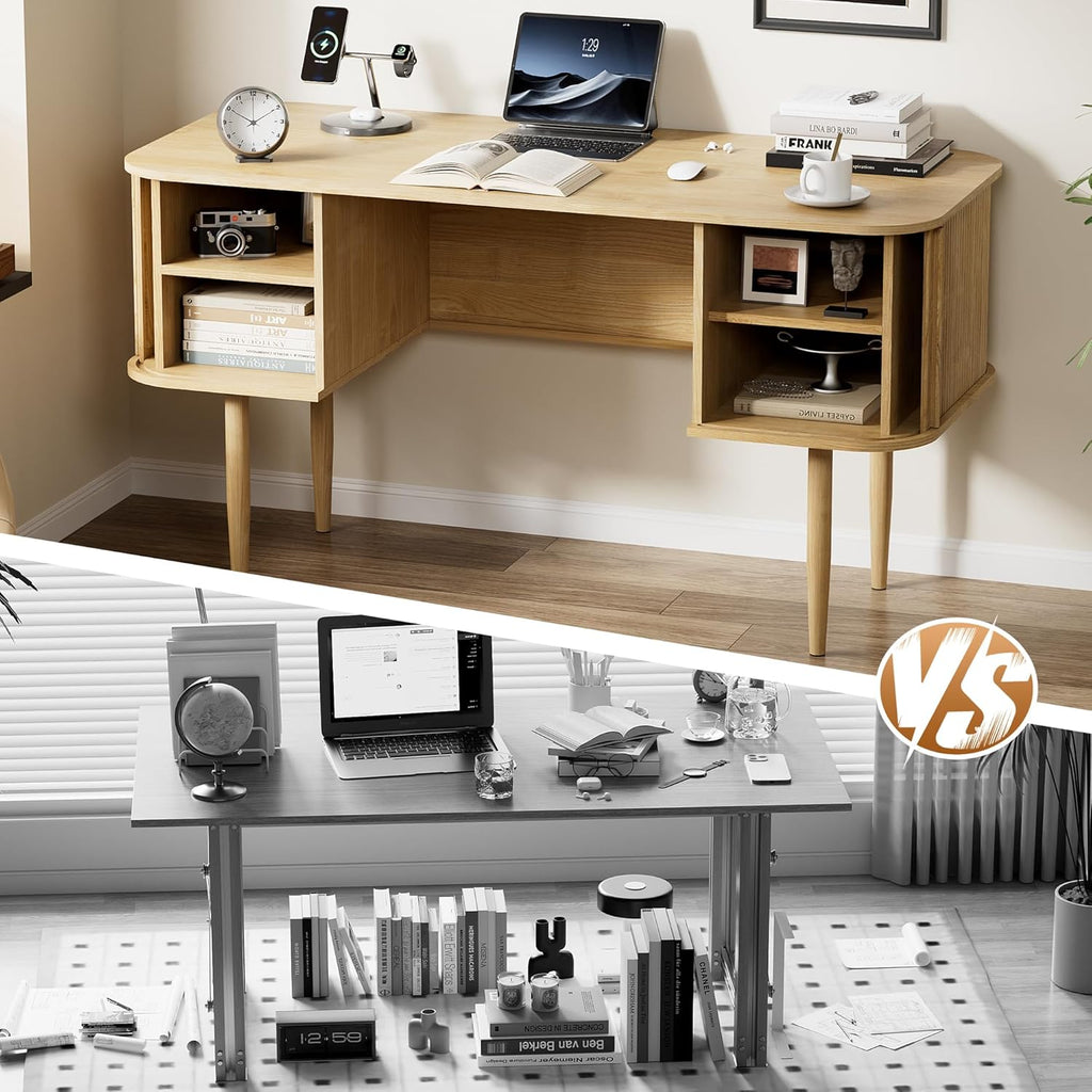Furniway 55" Modern Writing Desk with Sliding Doors, Wood Home Office Desk with Storage, Computer Desk for Study, Living Room, Dorm, Natural