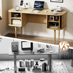 Furniway 55" Modern Writing Desk with Sliding Doors, Wood Home Office Desk with Storage, Computer Desk for Study, Living Room, Dorm, Natural