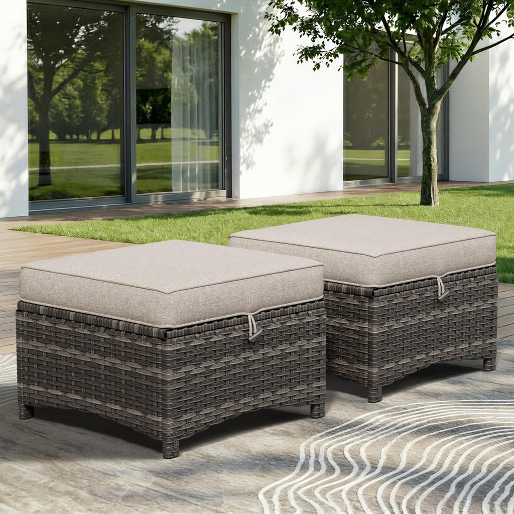 Patio Ottomans Set of 2, 22"x 22"x 18" Outdoor Wicker Footstool with Cushion, Beige, for Garden, Backyard, Deck, Porch, Balcony, Poolside