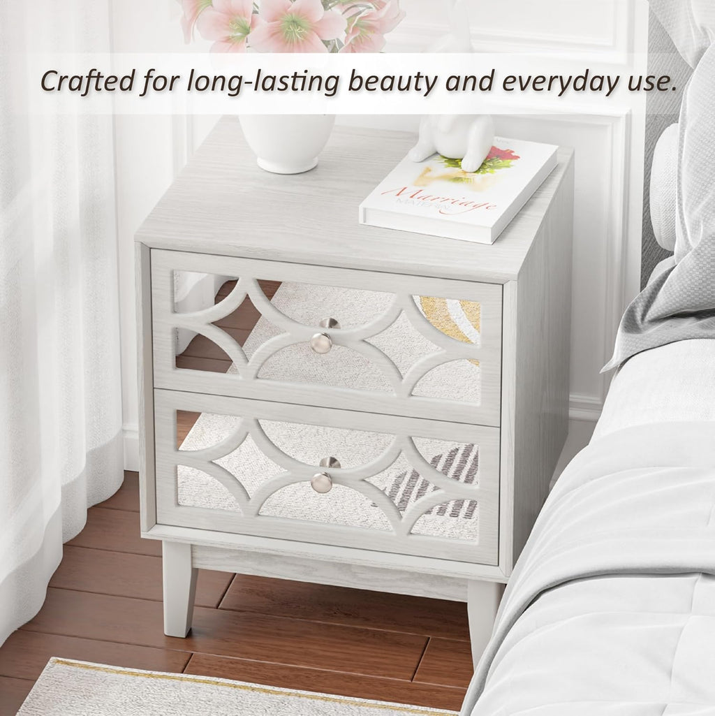 COZAYH Modern 2 Drawer Nightstand with Mirrored Fronts, Elegant Geometric Pattern Bedside Table for Bedroom, Light Gray