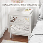 COZAYH Modern 2 Drawer Nightstand with Mirrored Fronts, Elegant Geometric Pattern Bedside Table for Bedroom, Light Gray