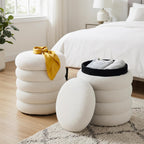 White Round Ottoman with Storage Upholstered Sherpa Foot Stool Ottoman Small Boucle Foot Rest Pouf for Living Room/Entryway, Set of 2