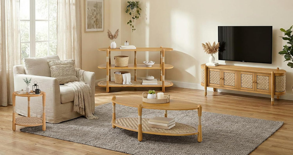 Harbor Oak 20" Round Oak Wood End Table with Seagrass Accents and Shelf Storage | Coastal Boho Side Table. Natural Oak Finish.