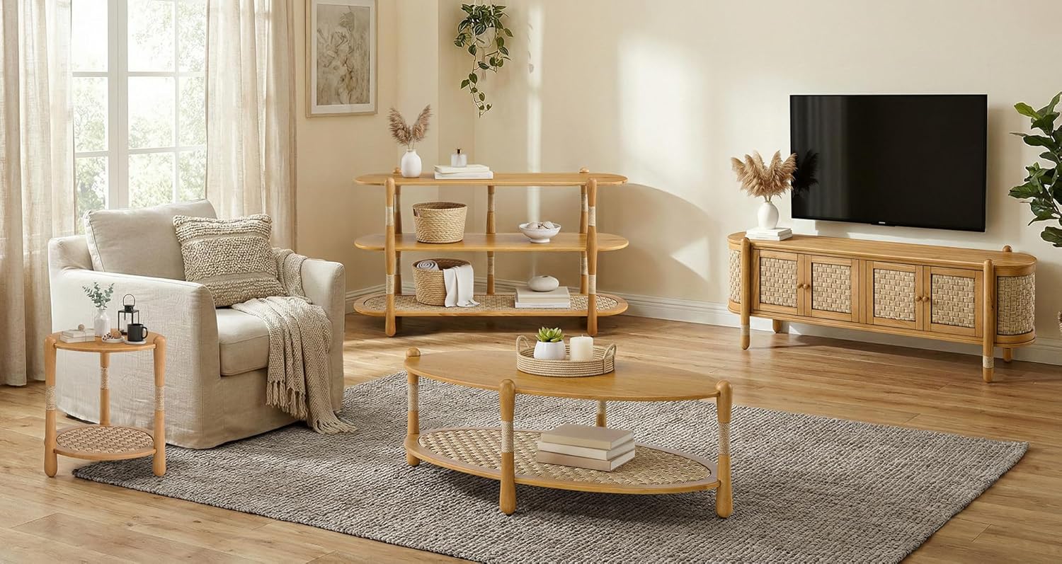 Harbor Oak 20" Round Oak Wood End Table with Seagrass Accents and Shelf Storage | Coastal Boho Side Table. Natural Oak Finish.