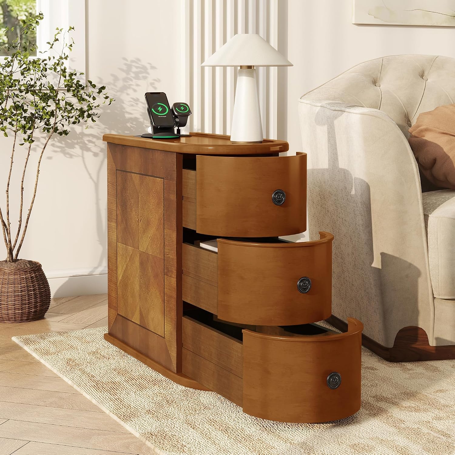 roomfitters 23.6" End Table, Charging Station and Drawers with Wooden Frame for Living Room, Light Walnut