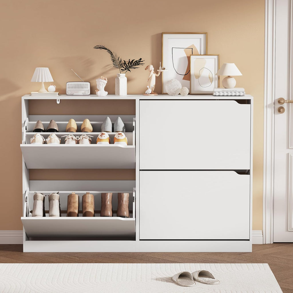 Shoe Storage Cabinet, Wood Shoe Organizer for Entryway with 3 Flip Drawers, Freestanding Shoe Rack with Adjustable Shelf, Narrow Shoe Dresser for Front Door Entrance (White, 4 Drawers)