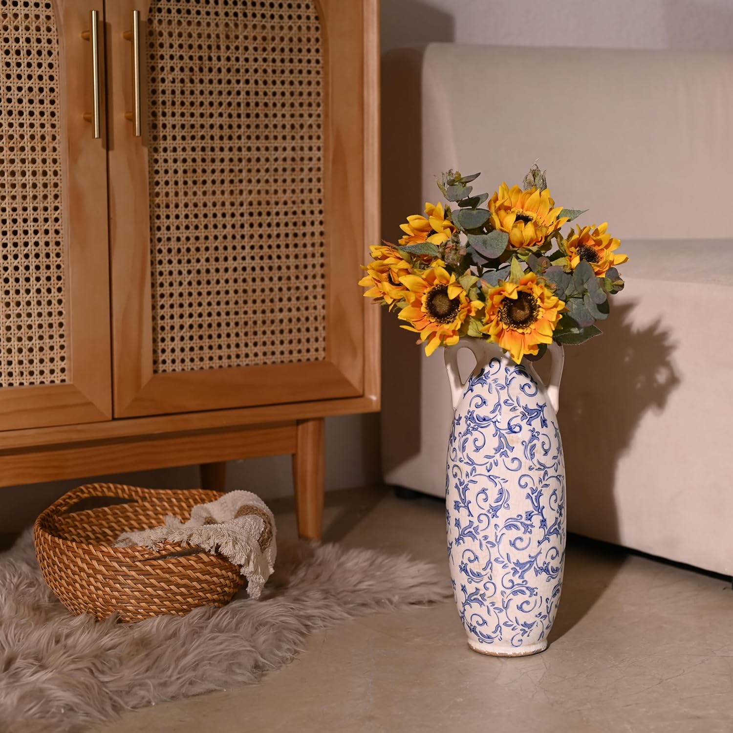 VICTOR & TERESA Blue and White Floor Vase for Pampas Grass, 14'' Tall Vase for Home Decor, Ceramic Farmhouse Decorative Large Vases for Flower, Mantel, Living Room, Shelf, Centerpieces, Gift for Her
