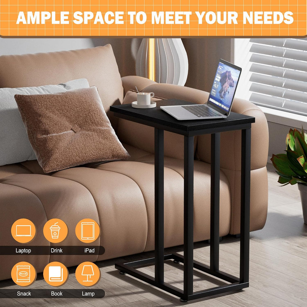 VECELO Universal C-Shaped Side Table, Multi-Functional Snack & TV Tray for Living Room, Bedroom, Black (2 Set)