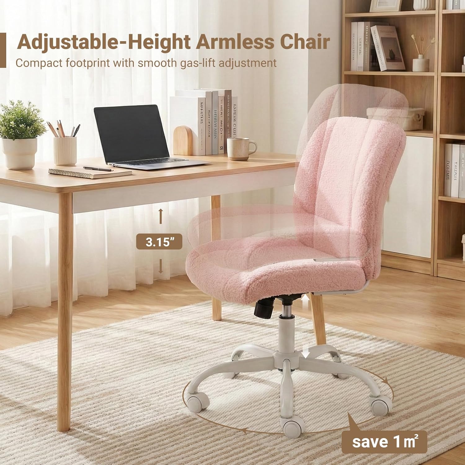 Vanity Chair with Wheels, Armless Office Chair Height Adjustable, Cute Desk Chair with Soft Lumbar Support for Small Space, Bedroom, Make-up Room, Pink