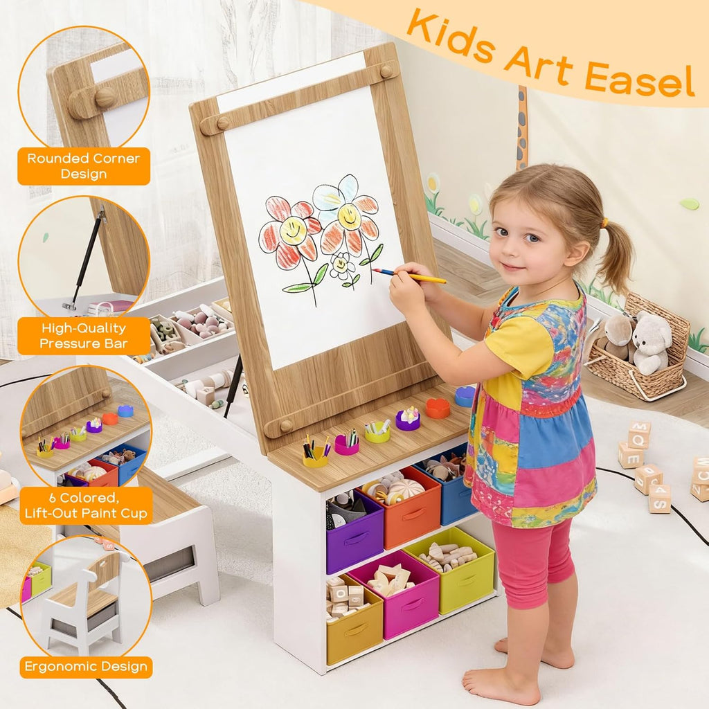 Befrases Kids Art Table and Chairs, Toddler Craft Table and 2 Chairs Set with Roll Paper, Large Activity Desk with 6 Colorful Paint Cups & Storage for Drawing, Learning and Reading