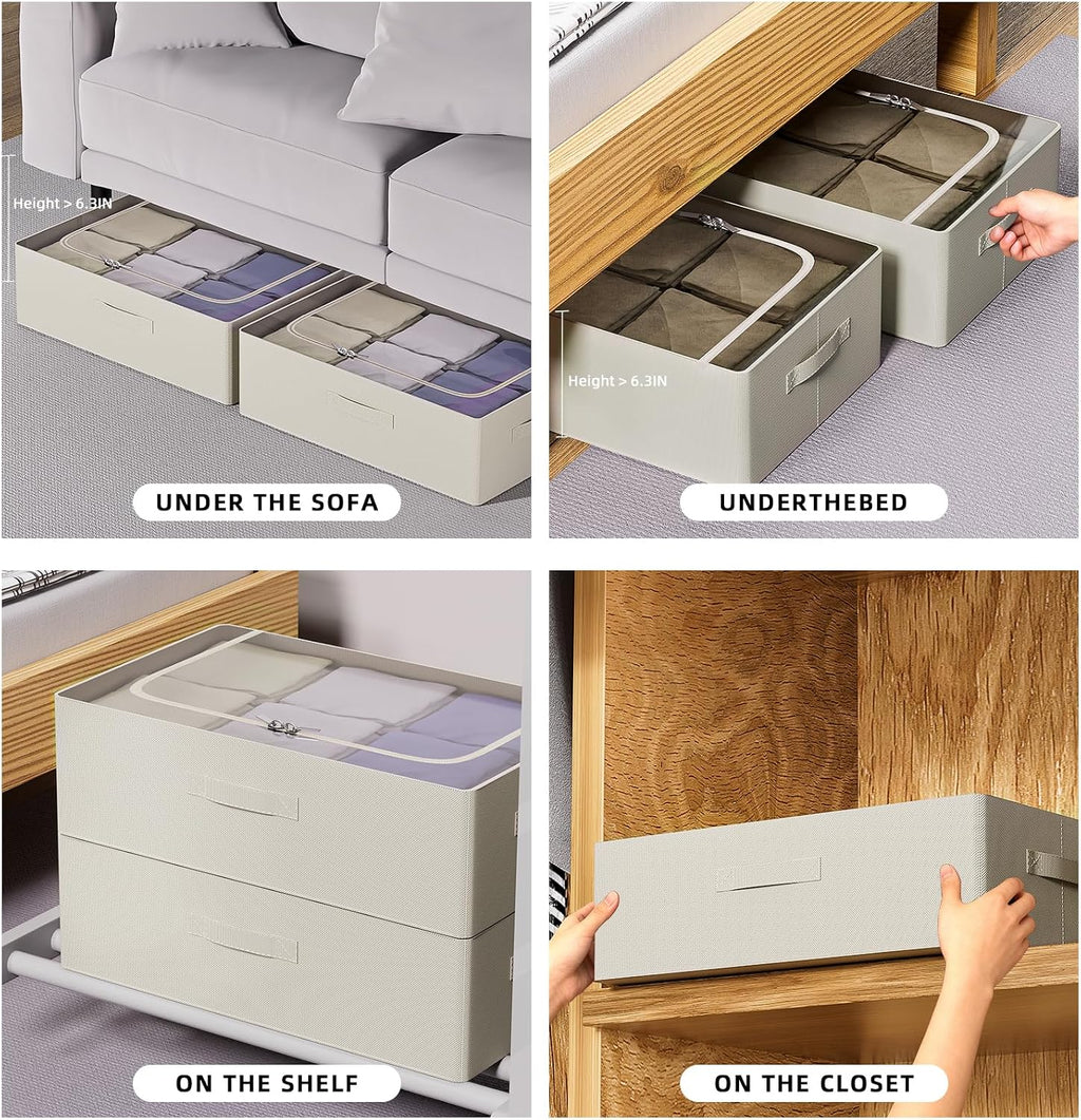 CYhom Under Bed Storage Bins Frame Storage Box Oxford Fabric Sturdy Underbed Container Foldable Stackable Large Capacity Clothes Organizer (Beige, 23.6" x 19.7" x 6.3")