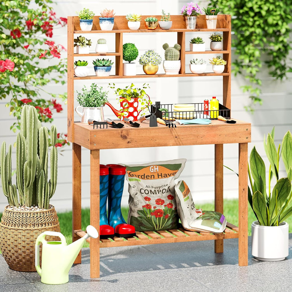 Giantex Potting Bench, Outside Solid Wood Potting Table with Flip-up Tabletop, Shelves, Indoor Outdoor Wooden Workbench for Patio Porch Balcony, Potted Plant Display Rack, 42"x18"x60", Brown