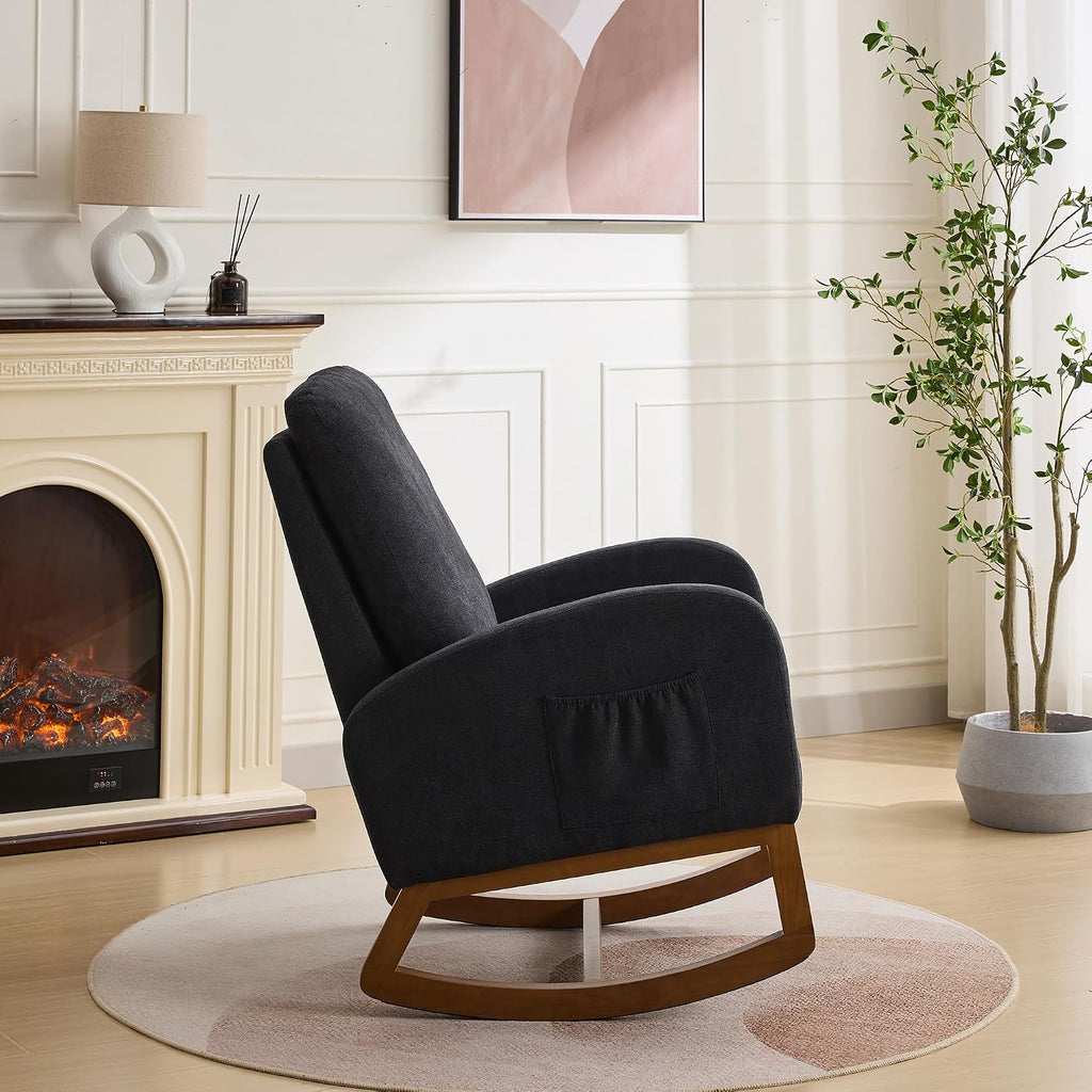 Rocking Chair, Nursery Chair, Polyester Accent Armchair, High Back Rocker with Side Pocket, Rubber Wood Legs, Walnut Finish, Living Room Bedroom Reading Nook, 250 lb Capacity, Black