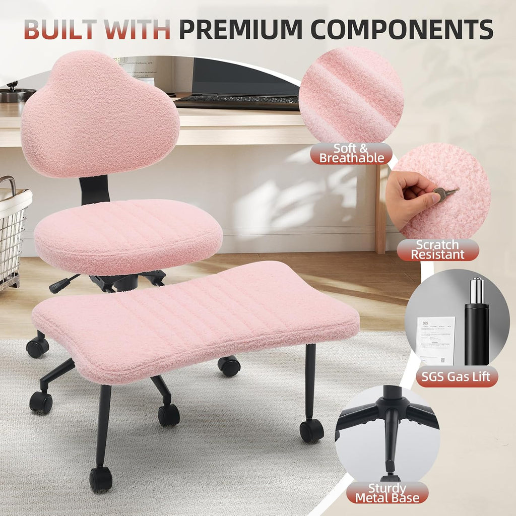 Ergonomic Cross Legged Chair, 360° Swivel Meditation Chair with Wheels, Height Adjustable Seat for Meditation, ADHD & Yoga, Teddy Fabric Yoga Stool for Home Office, Pink