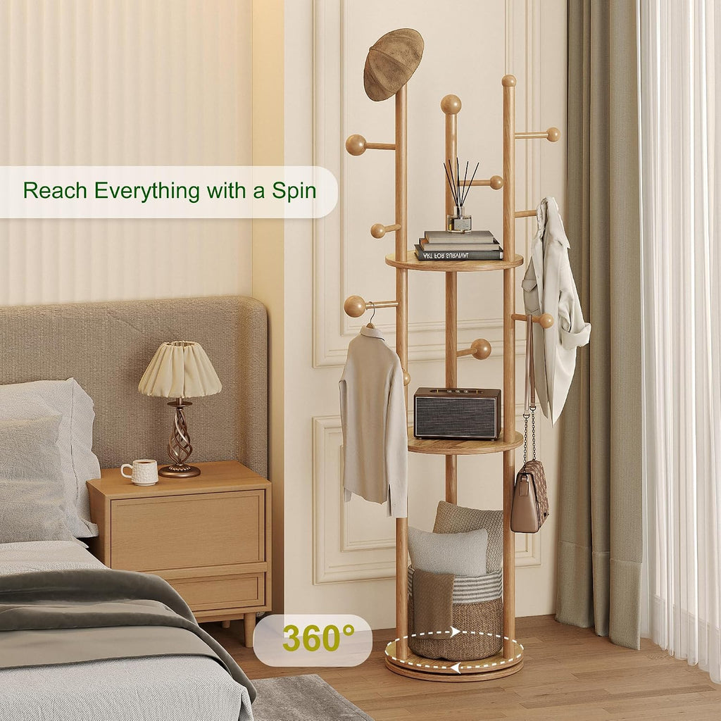 FROMJBEST Coat Rack Freestanding,Coat tree Entryway,Mid-Century,Nature Wood | Freestanding, Solid Wood, 9 Hooks & 3 Shelves, for Entryway, Hallway, Bedroom, Living Room, Office, Holds Bags, Hats, Purses
