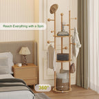 FROMJBEST Coat Rack Freestanding,Coat tree Entryway,Mid-Century,Nature Wood | Freestanding, Solid Wood, 9 Hooks & 3 Shelves, for Entryway, Hallway, Bedroom, Living Room, Office, Holds Bags, Hats, Purses