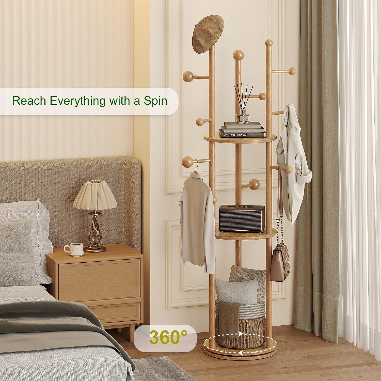 FROMJBEST Coat Rack Freestanding,Coat tree Entryway,Mid-Century,Nature Wood | Freestanding, Solid Wood, 9 Hooks & 3 Shelves, for Entryway, Hallway, Bedroom, Living Room, Office, Holds Bags, Hats, Purses