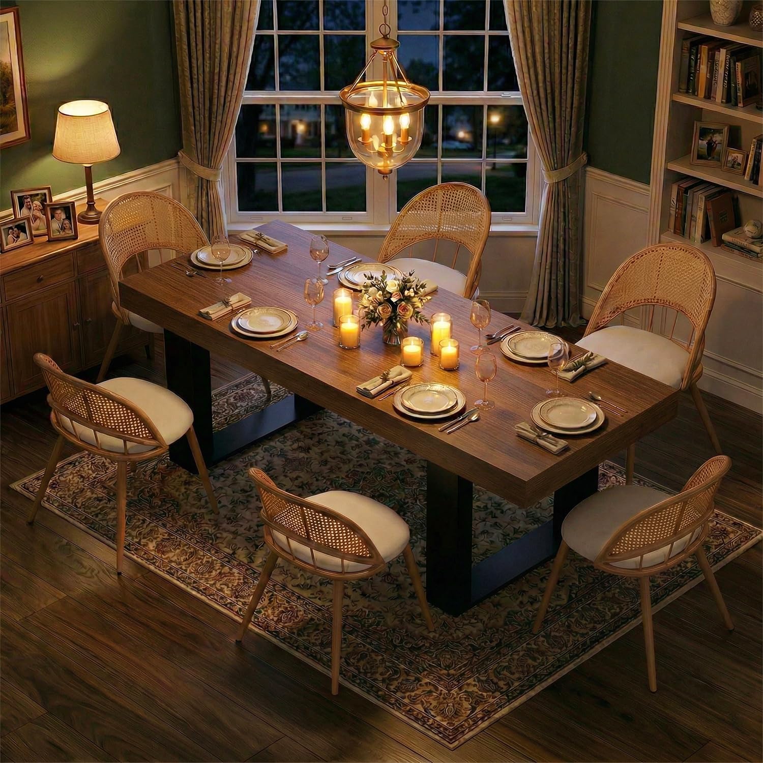 TYBOATLE 63'' - 79'' Extendable Dining Table Set for 6, Farmhouse Wooden Dining Room Table Set, 7 Piece Dinner Table Set with Upholstered Rattan Dining Chairs (Brown & White, 63''-79''- 6 Chairs)
