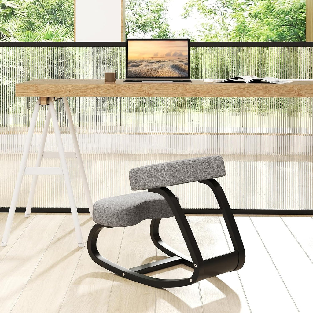 Goplus Ergonomic Kneeling Chair, Rocking Upright Posture Chair with Soft Seat & Knee Pads, Wooden Backless Knee Chair Relieves Neck Back Pain for Home Office Study, Gray and Black