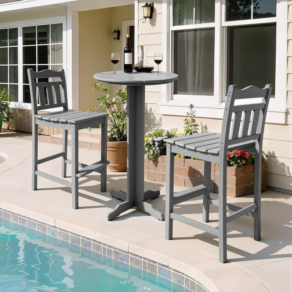 Outdoor Bar Stools Set of 2, HDPE Tall Adirondack Bar Chairs 27.5 Inch Seat Height w/Backrest, All Weather Patio Bar Height Chairs for Bistro Balcony Deck Poolside (Slate Grey)
