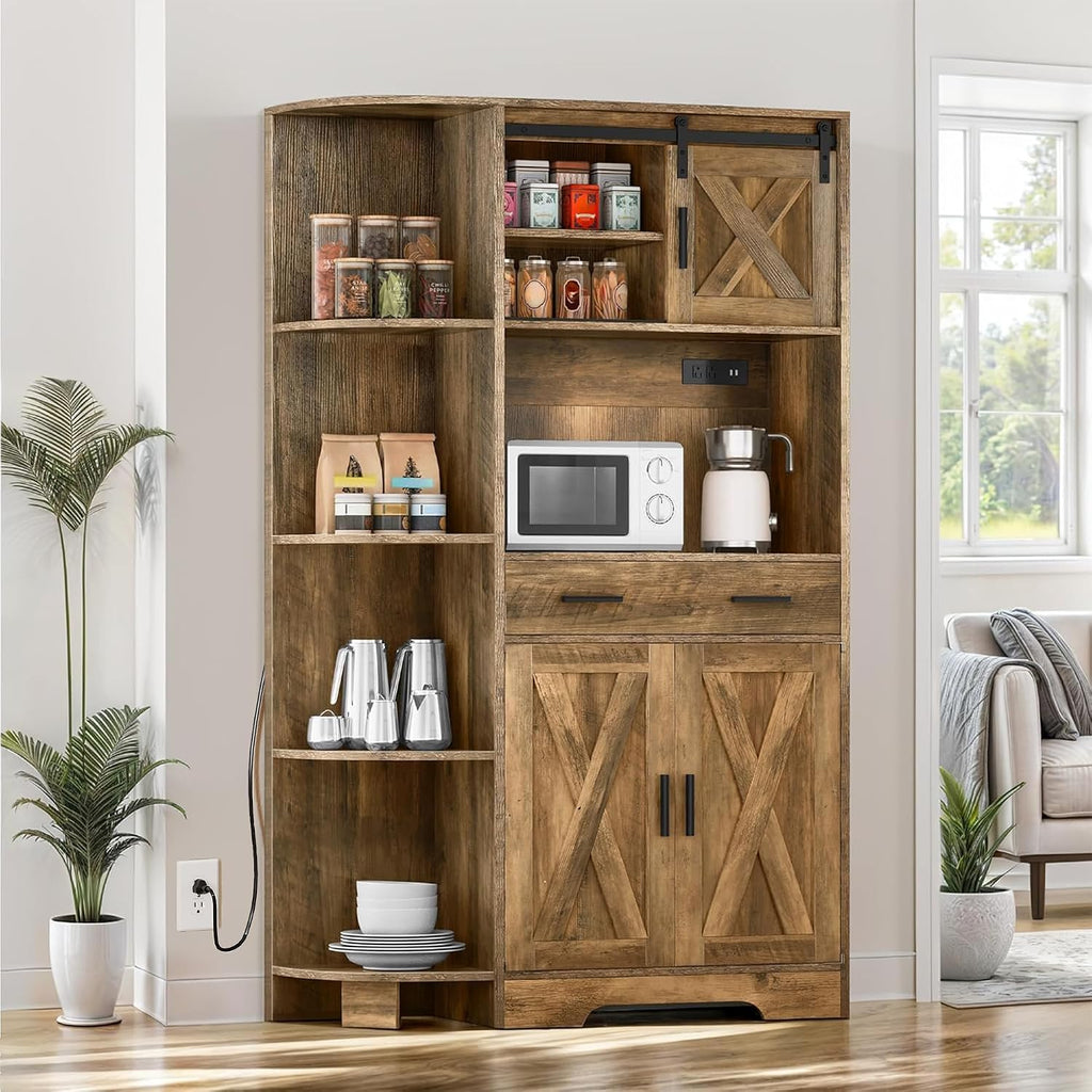DWVO 67.3" Farmhouse Kitchen Pantry, Storage Cabinet Baker Rack with Power Outlet, Freestanding Hutch with Barn Door & Drawer, Buffet Sideboard with Microwave Stand for Dining Room, Rustic Brown