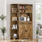DWVO 67.3" Farmhouse Kitchen Pantry, Storage Cabinet Baker Rack with Power Outlet, Freestanding Hutch with Barn Door & Drawer, Buffet Sideboard with Microwave Stand for Dining Room, Rustic Brown