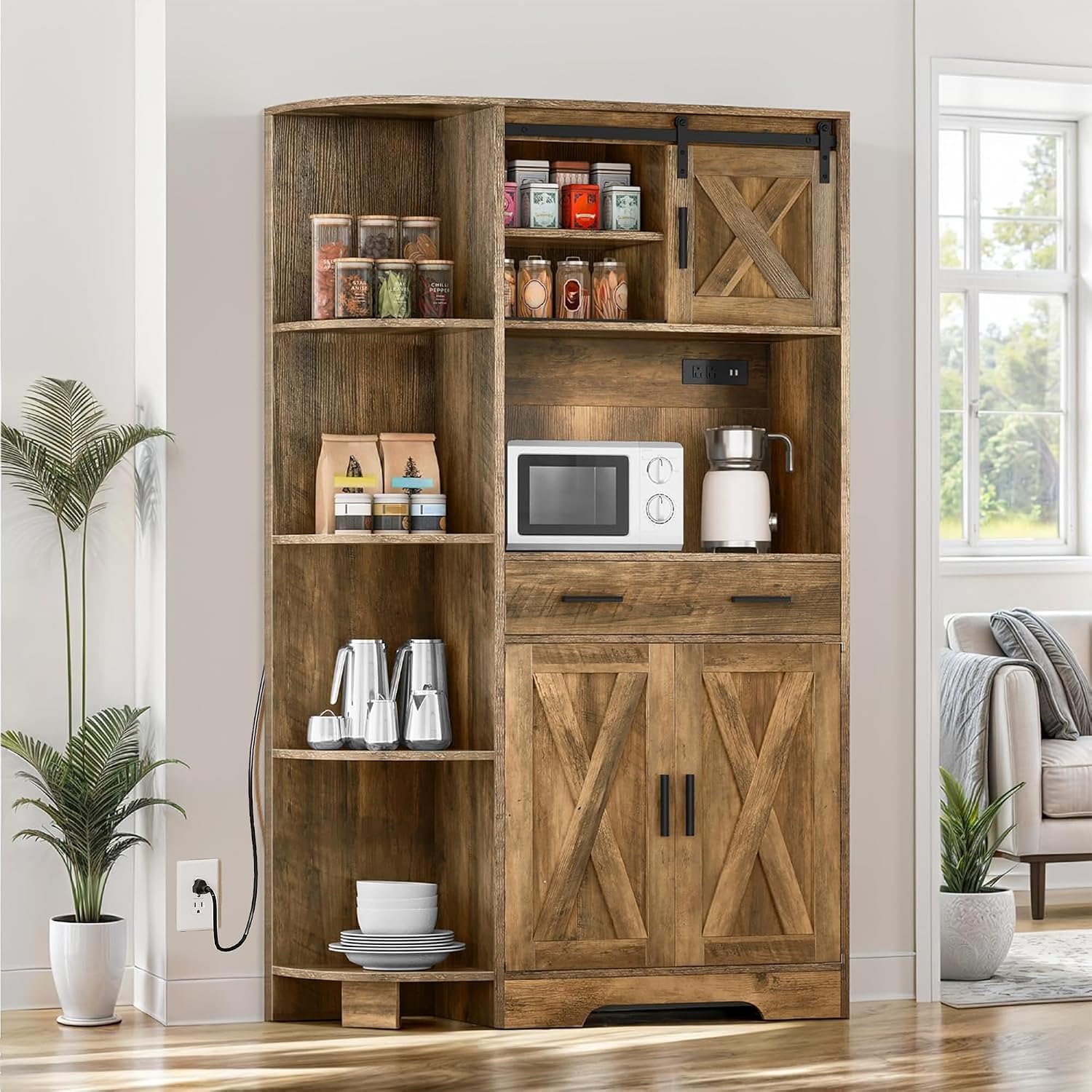DWVO 67.3" Farmhouse Kitchen Pantry, Storage Cabinet Baker Rack with Power Outlet, Freestanding Hutch with Barn Door & Drawer, Buffet Sideboard with Microwave Stand for Dining Room, Rustic Brown