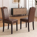 LSSBOUGHT PU Dining Chair Set of 2 Upholstered Parsons Kitchen Chair with Copper Nails and Solid Wood Legs for Dining Room,Restaurant(Brown, 2PCS)