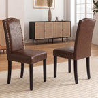 LSSBOUGHT PU Dining Chair Set of 2 Upholstered Parsons Kitchen Chair with Copper Nails and Solid Wood Legs for Dining Room,Restaurant(Brown, 2PCS)