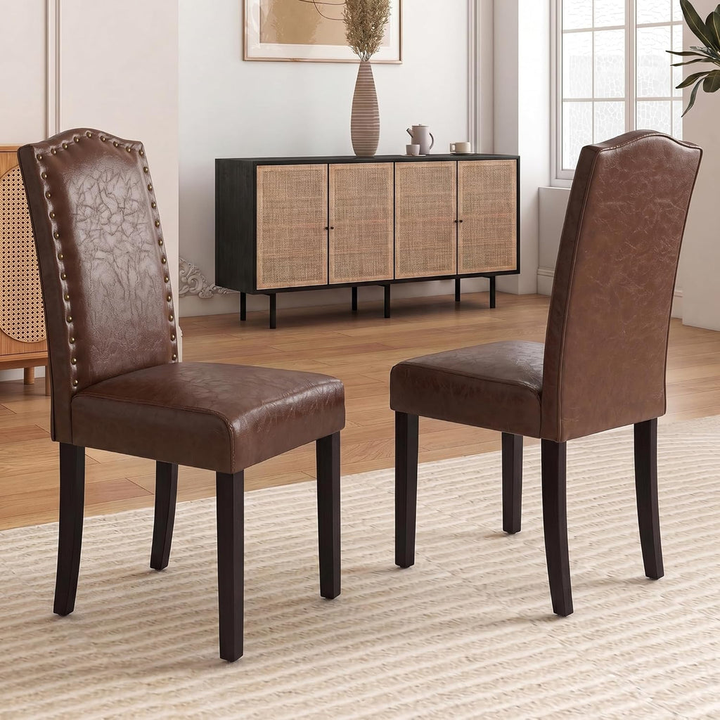 LSSBOUGHT PU Dining Chair Upholstered Parsons Kitchen Chair with Copper Nails and Solid Wood Legs for Dining Room,Restaurant (Brown, 4PCS)