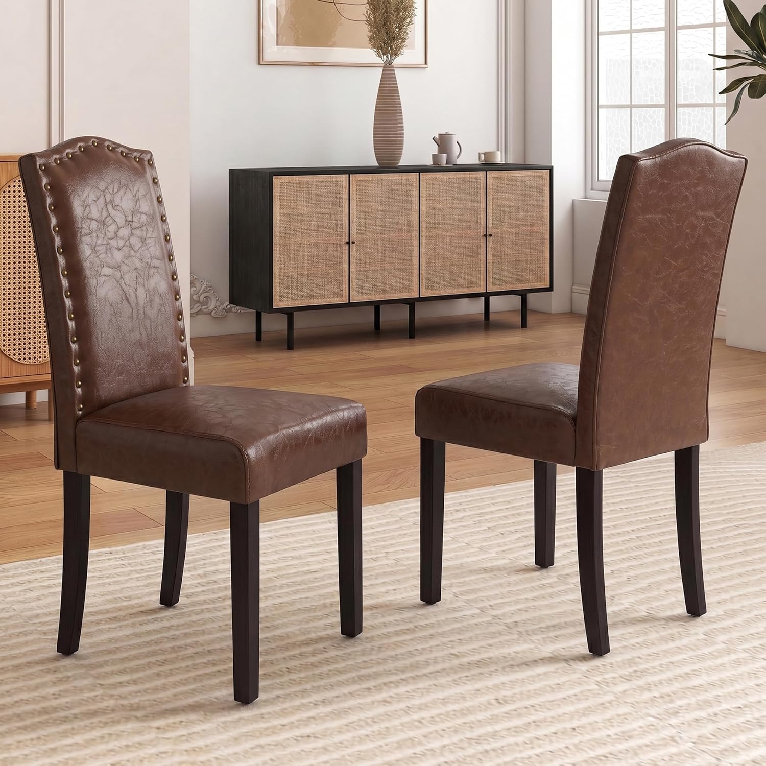 LSSBOUGHT PU Dining Chair Upholstered Parsons Kitchen Chair with Copper Nails and Solid Wood Legs for Dining Room,Restaurant (Brown, 4PCS)