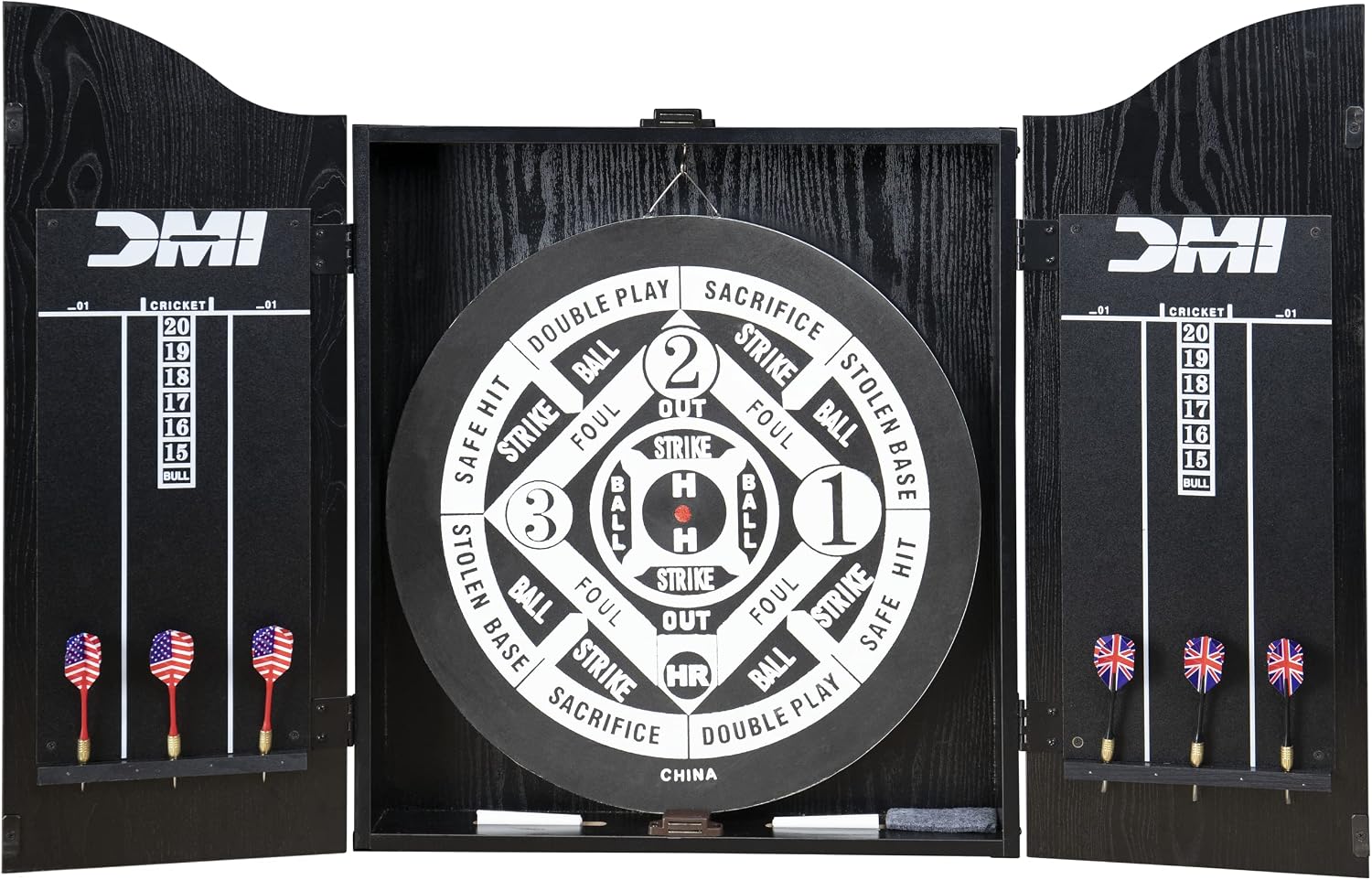 DMI Americana Dartboard Cabinet Set with 18-Inch Paper Dartboard, Reversible Baseball Game, Built-in Cricket Scoring, Darts, Chalk & Mounting Hardware – Classic Black Finish