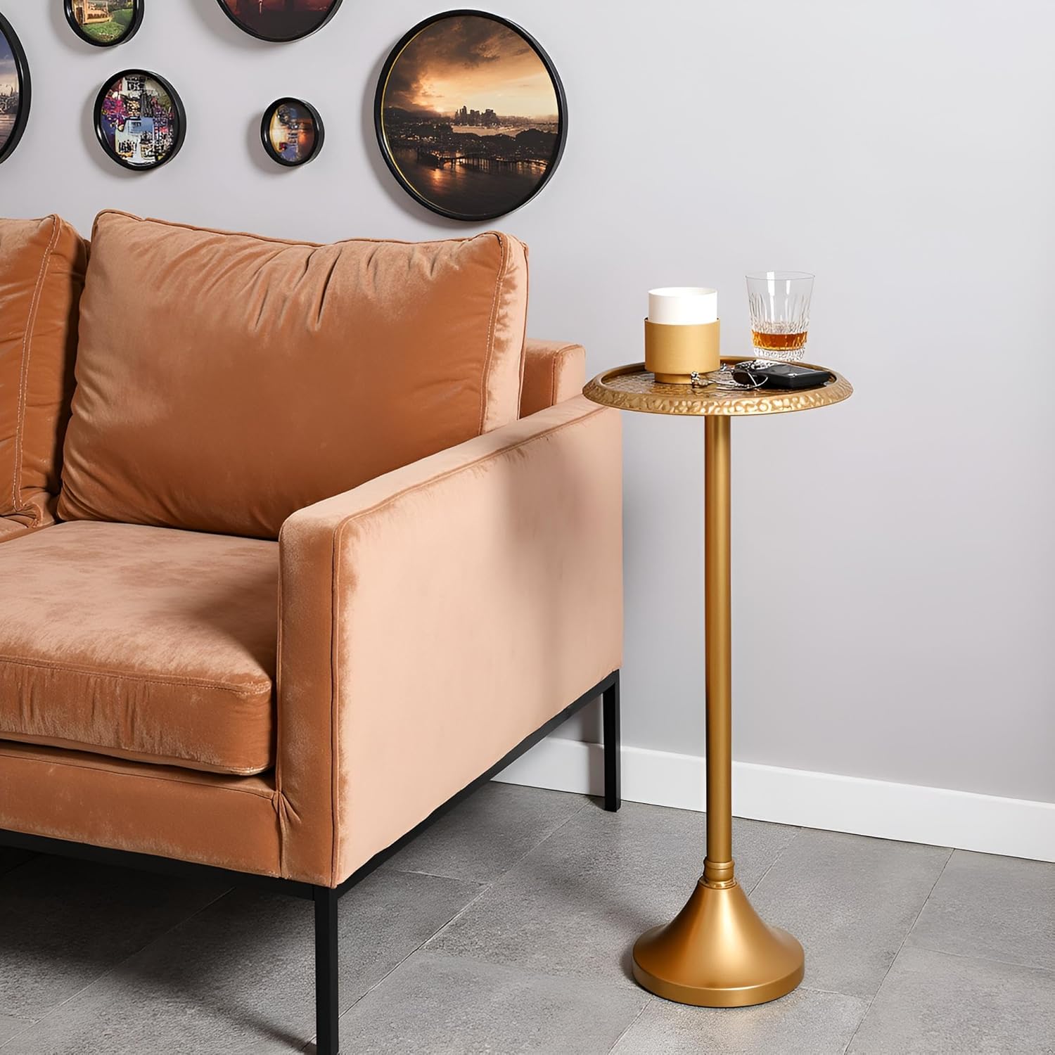 SwallowLiving Antique Gold Drink Table – Hammered Metal Side Table for Small Spaces – Round Pedestal End Stand for Living Room, Bedroom, Office & Apartment Corner – Weighted Base, 23 Inch Tall