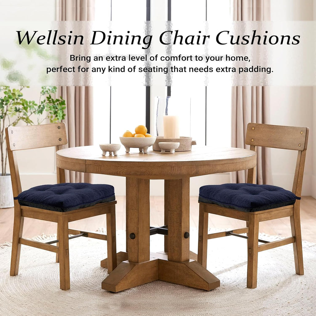Wellsin Chair Cushions for Dining Chairs, Non-Slip Kitchen Chair Pads with Ties, Tufted Shredded Foam Kitchen Chair Cushions Set of 4, 15.5" X 15.5", Navy