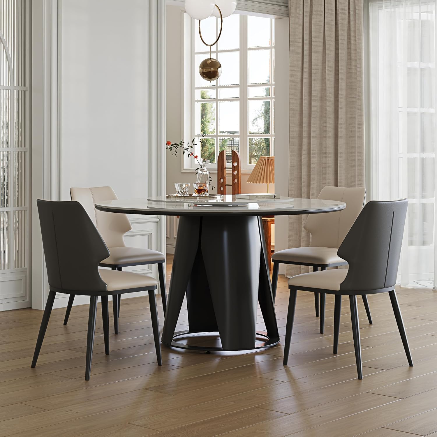 Montary 59" Modern Round Dining Table, Turntable Faux Marble Kitchen Table with Lazy Susan, Sintered Stone Tabletop Dining Room Table for 6-8 Person, with Black Metal Exquisite Pedestal