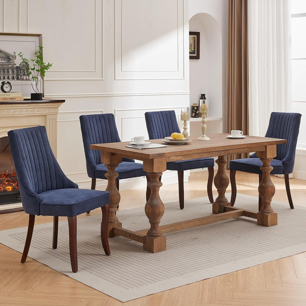 ODUSE-DAILY Navy Mid Century Dining Chairs Set of 4, Modern Kitchen & Dining Room Chairs Set of 4, Linen Upholstered Kitchen Chair, Sillas de Comedor, Wood Legs (Blue, 4 Pcs)