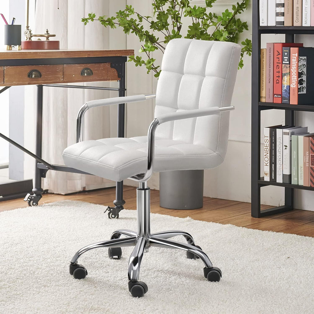 Kemon Office Chiar Desk Chair with Armrests/Wheels Pu Leather Mid Back Adjustable Height Computer Chair for Teens/Students 360°Swivel Rolling Tast Chair(White)